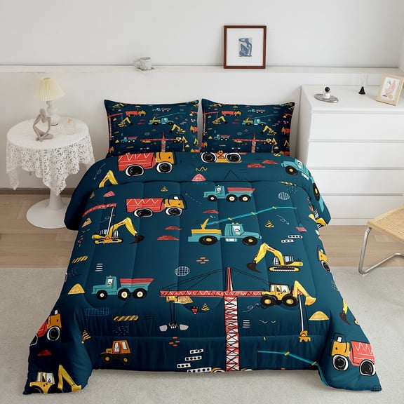 Erosebridal 3D Construction Bedding King Comforter Set, Cartoon Truck Down Comforter, Excavator Car Comforter Sets King Size, Lightweight Room Decorative, 3-Piece