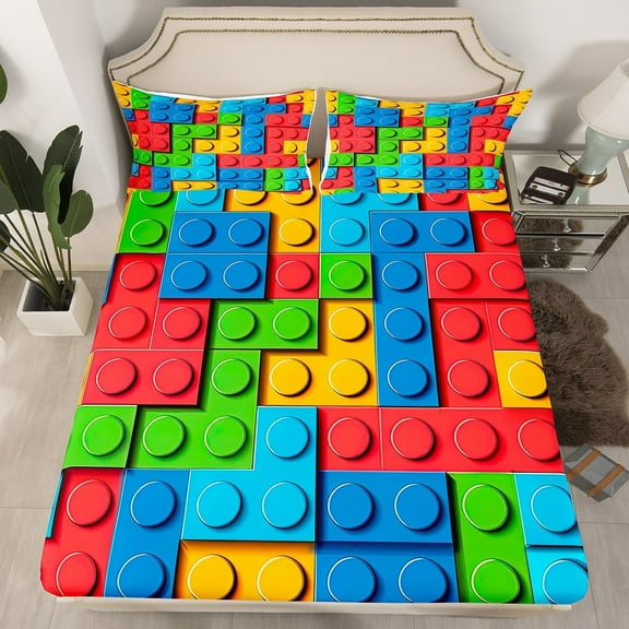 Erosebridal 3D Construction Fitted Sheet Twin, Building Blocks Bed Sheets , Rainbow Colorful Brick Sheets Funny Patchwork Geometric Rectangle Bed Set