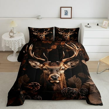 Erosebridal 3D Deer Bedding Sets Queen Safari Moose Comforter Set,Rustic Farmhouse Animal Bedding Comforter Sets Woodland Wildlife Bed Set Brown Leaves Pinecone Quilted Duvet Rustic Home Decor,Soft