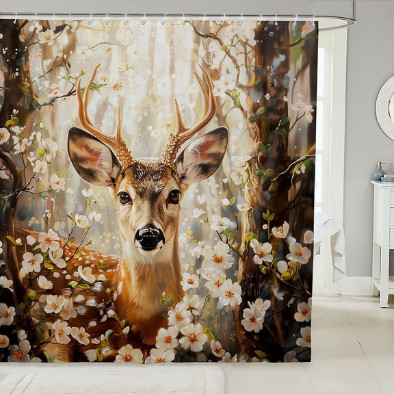 Erosebridal 3D Deer Print Shower Curtain 72x72, Cherry Blossoms Floral Bath Curtain, Rustic Wildlife Decor, Waterproof