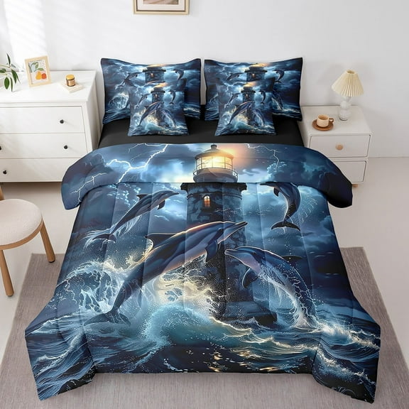 Erosebridal 3D Dolphin Bed in a Bag Twin size, Coastal Ocean Bed Set, Lighthouse Decor, Reversible 7-Piece