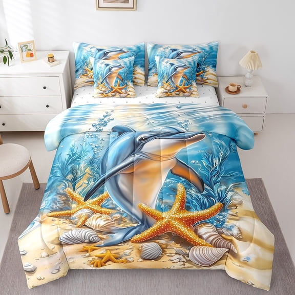 Erosebridal 3D Dolphin Bedding Queen Size, Orange Starfish Bed Set, Kawaii Sealife Reversible Bed in a Bag Queen size, Breathable Room Decoration, 7 Pieces