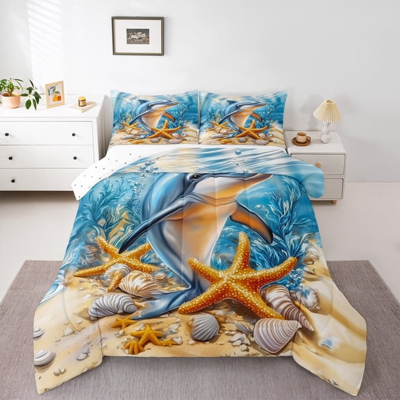 Erosebridal 3D Dolphin Bedding Sets Queen with Comforter, Orange Starfish Duvet Insert, Kawaii Sealife Reversible Comforter Sets Queen Size, Breathable Room Decoration, 3 Pieces