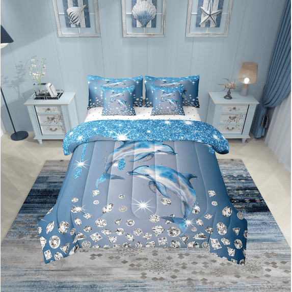 Erosebridal 3D Dolphin Bedding Twin Size, Glitter Diamond Bed in a Bag Twin size, Ocean Animal Reversible Bed Set, Lightweight Room Decoration, 7pcs