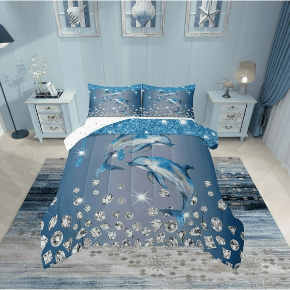 Erosebridal 3D Dolphin Comforter Sets Twin Size, Glitter Diamond Comforters & Duvets, Ocean Animal Reversible Duvet Insert, Lightweight Room Decoration, 2pcs