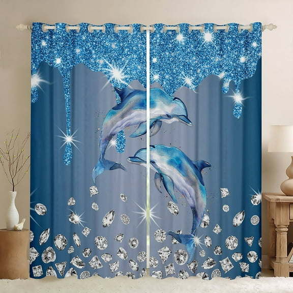 Erosebridal 3D Dolphin Curtains and Drapes (38x45), Glitter Diamond 30%-50% Blackout Curtains for Bedroom, Ocean Animal Curtains for Living Room, Window Curtains Room Decoration