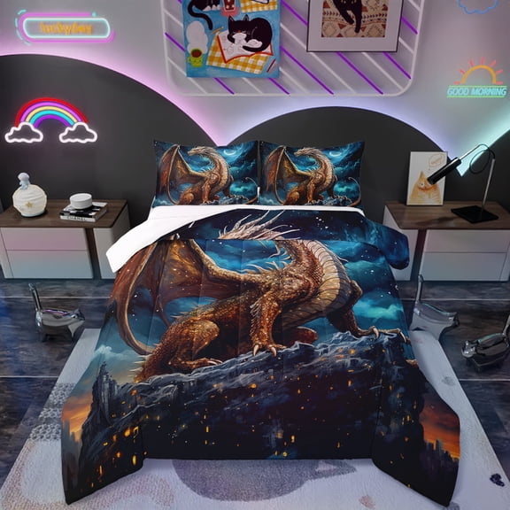 Erosebridal 3D Dragon Comforter Set Full ,Blue Moon Nebula Galaxy Bedding Set Trippy Room Decor,Gothic Dragon Bedding Comforter Sets Animal Quilt Bed Set 3Pcs