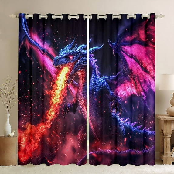 Erosebridal 3D Dragon Curtains Pack of 2 (42x90), Purple Fire Dragon 30%-50% Black Out Curtains, Animal Bedroom Decor
