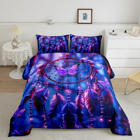 Erosebridal 3D Dreamy Catcher Bedding King Comforter Set, Purple Butterfly Down Comforter, Blue Purple, Super Cozy 3-Piece