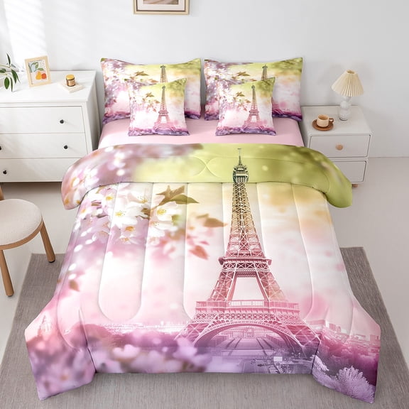 Erosebridal 3D Eiffel Tower Bedding Sets Full Size, Romantic Couple Comforter Sets with Sheets, Pink Flower Decor, Reversible 7pcs