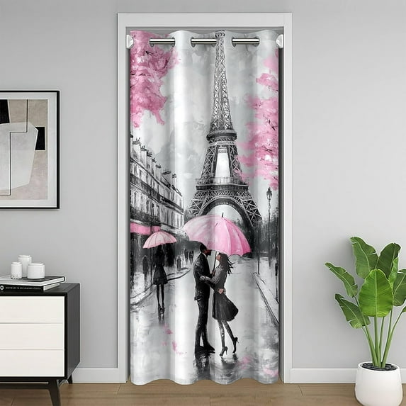Erosebridal 3D Eiffel Tower Door Curtain For Doorways 34x80, Romantic Couple Black Out Curtain, Paris Street Decor