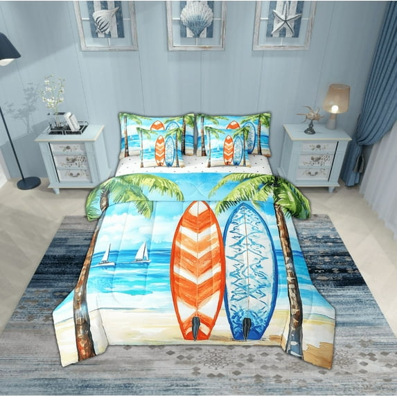 Erosebridal Sea Surfing Bedding Sets Twin Size,Ocean Beach Comforter Sets with Sheets,Teenager Bedroom Decor,Breathable,7pcs