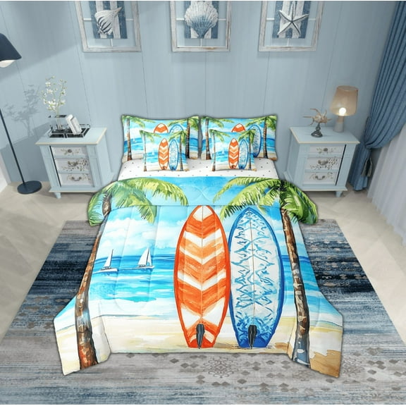 Erosebridal Sea Surfing Bedding Sets Twin Size,Ocean Beach Comforter Sets with Sheets,Teenager Bedroom Decor,Breathable,7pcs
