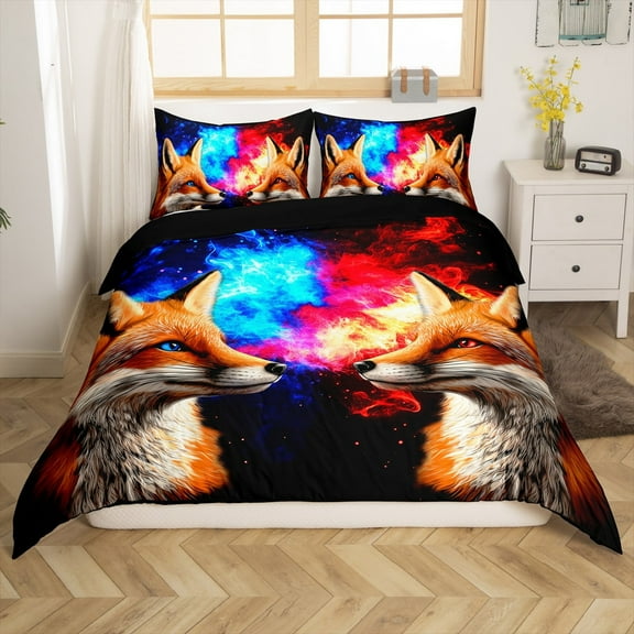 Erosebridal 3D Fox Duvet Cover Twin, Kawaii Wildlife Bedding Sets Twin Size, Red Blue, Reversible 2-Piece（No Comforter）