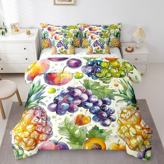 Erosebridal 3D Fruit Bedding Sets Full Size, Pineapple Grapes Comforter Sets with Sheets, Cartoon Fruit Decor, Reversible 7pcs