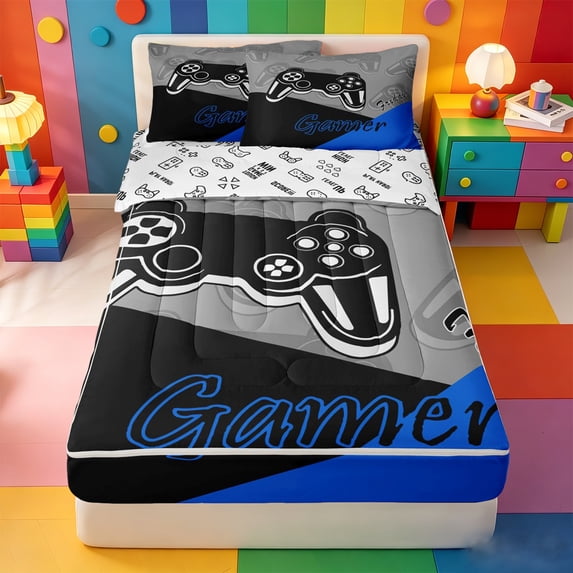 Erosebridal 3D Game Pad Print Zipper Twin Comforter Sets with Fitted Sheet and 2 Pillowcases,Modern Video Games Zipper Bedding Set For Boys,Gamepad Reversible,4pcs