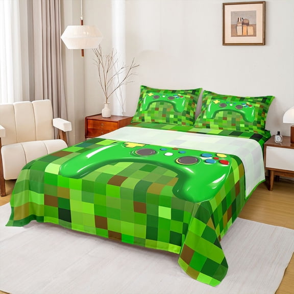 Erosebridal 3D Gaming Geometric Queen Sheet Sets For Kids Gamer,Pixelated Miners Gamer Bed Set For Boys 4pcs