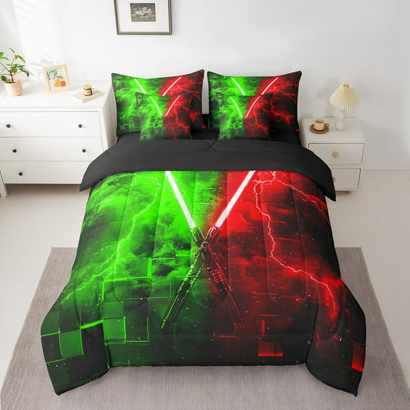Erosebridal 3D Geometric Bedding Sets Twin Size, Lightsaber Comforter Sets with Sheets, Teens, Reversible 7-Piece