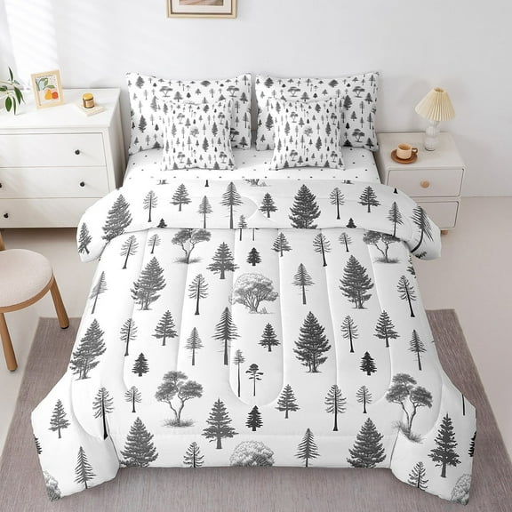Erosebridal Grey Tree Braches Bedding Sets King Size,Cartoon Plants Bed in a Bag King size,Microfiber Reversible Bedding King Size,Tree Room Decorative,7 Pieces