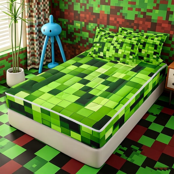 Erosebridal 3D Gloss Green Pixel Tile Zipper Twin Comforter Sets with Fitted Sheet and 2 Pillowcases,Gradient Cube Square Pattern Zipper Bedding Set,Emerald Lime,4-Piece,Reversible
