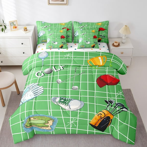 Erosebridal 3D Golf Bedding Sets Full Size, Green Stripes Geometry Comforter Sets with Sheets, Cartoon Theme Reversible Bedding Full Size, Super Cozy Room Decor, 7-Piece