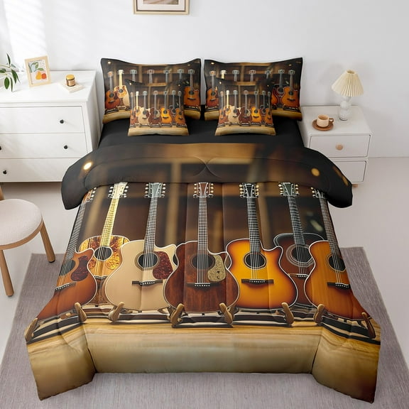 Erosebridal 3D Guitar Bed in a Bag, Musical Instrument Bed Set, Pop Music Reversible Comforter Sets, Super Cozy Room Decor, 7 Pieces