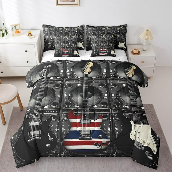 Erosebridal 3D Guitar Bedding Sets Full Size, American Flag Comforter Sets with Sheets, Rock Music Room Decor, 7-Piece