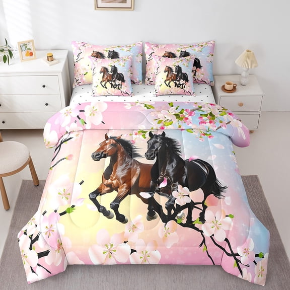 Erosebridal 3D Horse Bed in a Bag Queen size, Pink Cherry Blossoms Bed Set, Rustic Animal Decor, 7-Piece