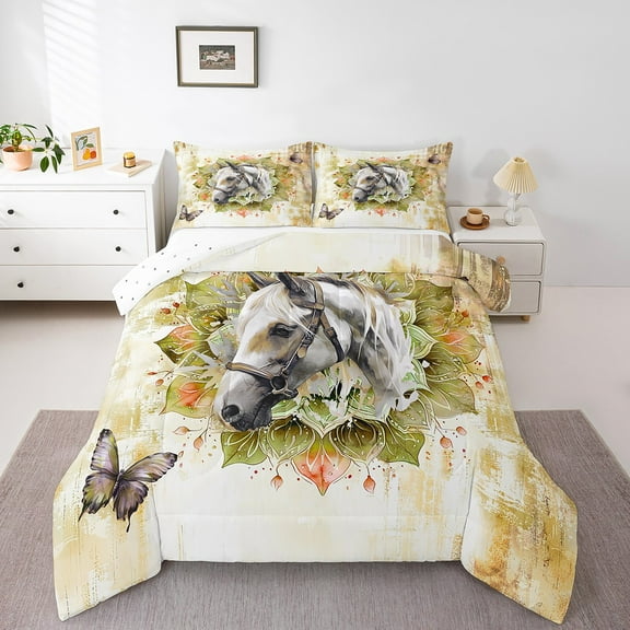 3D Horse Bedding Twin Size Farmhouse Animal Comforter Set Twin,Boho Mandala Duvet Insert Gold Watercolor Quilt Comforter,Oil Painting Aesthetic Bedding Comforters & Sets