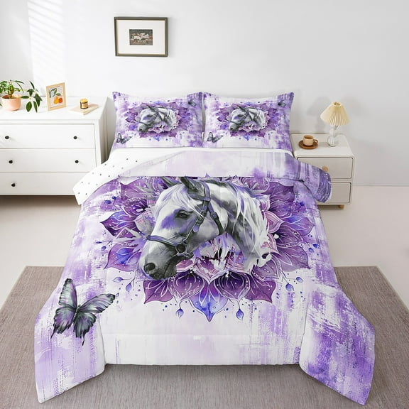 3D Horse Bedding Twin Size Farmhouse Animal Comforter Set Twin,Boho Mandala Duvet Insert Purple Watercolor Quilt Comforter,Oil Painting Aesthetic Bedding Comforters & Sets