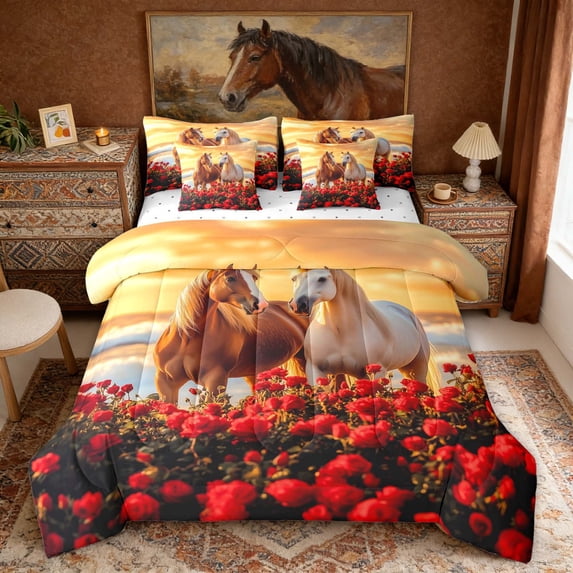 Erosebridal 3D Horse Twin Bedding Sets, Red Blossoms Bedding Comforter Set