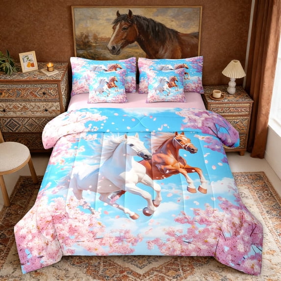 Erosebridal 3D Horses Twin Bedding Sets for Girls, Pink Cherry Blossoms Bedding Comforter Set