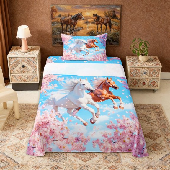 Erosebridal 3D Horses Twin Sheet Sets for Girls, Pink Cherry Blossoms Bedding, 3pcs (1 Flat Sheet, 1 Fitted Sheet and 1 Pillowcase)