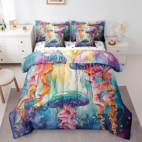 Erosebridal 3D Jellyfish Bedding Queen Size, Dreamy Watercolor Bedding Sets Queen Size, Sealife Artwork Decor, Reversible 7pcs