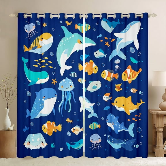Erosebridal Whale Jellyfish Curtains for Living Room,Marine Animal 30%-50% Blackout Curtains Set of 2 (38x45),Uderwater World Decor