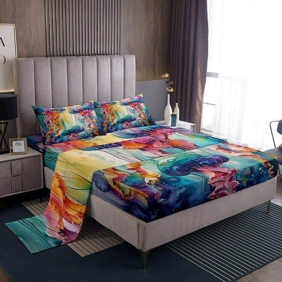 Erosebridal 3D Jellyfish Sheet Set Twin, Dreamy Watercolor Bedding Sets Twin Size, Sealife Artwork Decor 3pcs