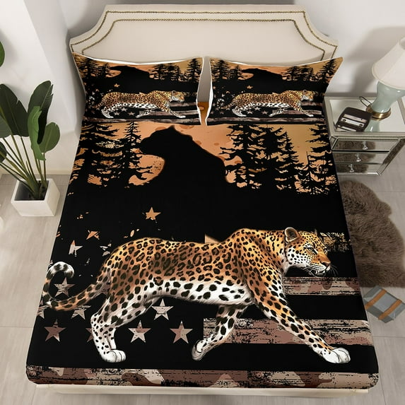 Erosebridal 3D Leopard Cheetah Fitted Sheet Full,Woodland Wildlife Bedding Set Full Size,Retro USA Flag Decor(No Top Sheet)