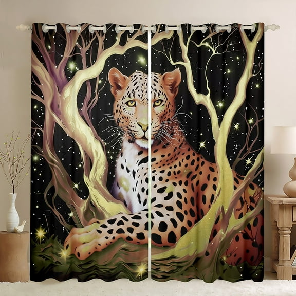 Erosebridal 3D Leopard Curtains Pack of 2 (52x63), Tree Branches 30%-50% Black Out Curtains, Jungle Animal Decor