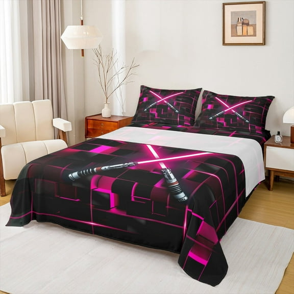 Erosebridal 3D Lightsaber Games Bed Sheets Twin,Neon Lights Bedding Twin Size,Pink Geometry Gradient Grid Sheet Set Twin,Breathable Room Decor,3 Pieces