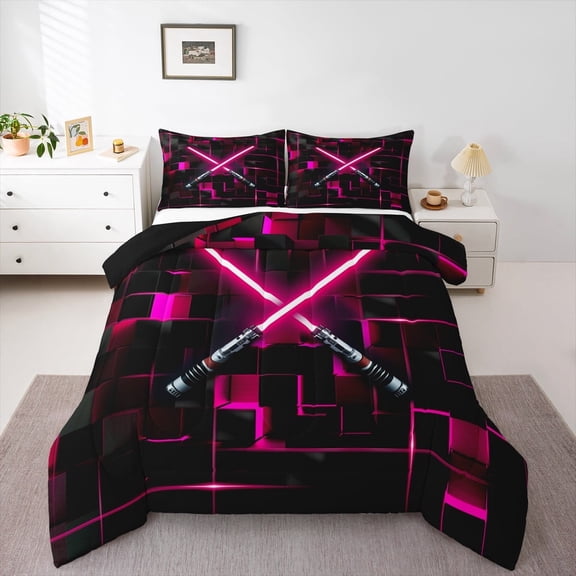 Erosebridal 3D Gradient Light Games Bedding Sets Twin with Comforter,Neon Lights Duvet Insert,Pink Geometry Gradient Grid Comforter Sets Twin Size,Breathable Room Decor Reversibleé”›?pcs