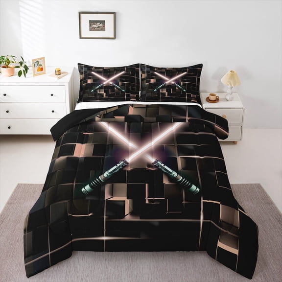Erosebridal 3D Gradient Light Games Bedding Twin Comforter Set,Neon Lights Down Comforter,Geometry Gradient Grid Bedding Sets Twin with Comforter,Breathable Room Decor Reversible锛? Pieces