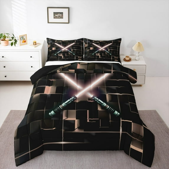Erosebridal 3D Lightsaber Games Bedding Twin Comforter Set,Neon Lights Down Comforter,Geometry Gradient Grid Bedding Sets Twin with Comforter,Breathable Room Decor Reversible,2 Pieces
