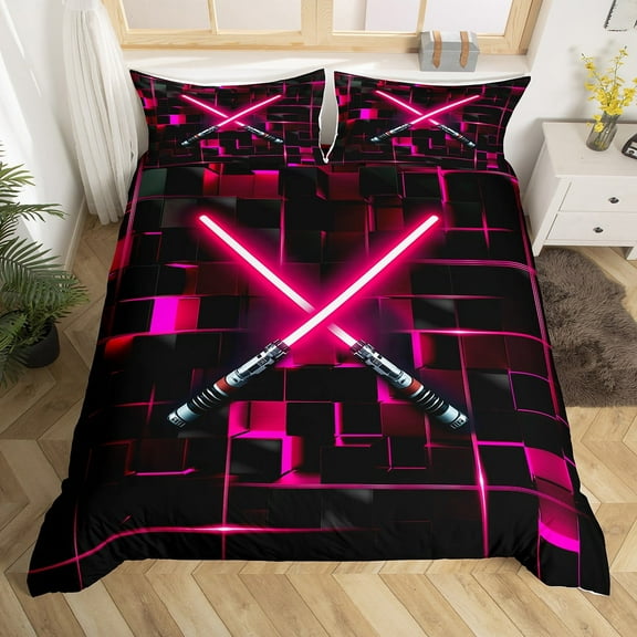 Erosebridal 3D Lightsaber Games Duvet Cover Twin,Neon Lights Bedding Sets Twin Size,Pink Geometry Gradient Grid Comforter Cover Twin,Breathable Room Decor Reversible,3-Piece(No Comforter)