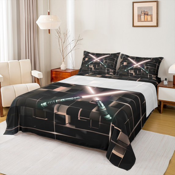 Erosebridal 3D Lightsaber Games Sheet Set Full,Neon Lights Bedding Sets Full Size,Geometry Gradient Grid Full Sheet Sets,Breathable Room Decor,4 Pieces
