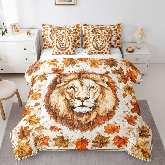 Erosebridal 3D Lion Bedding King Size, Jungle Wildlife Animal Comforter Sets with Sheets, Watercolor Maple Leaves Bedroom Decorative, Reversible 7-Piece