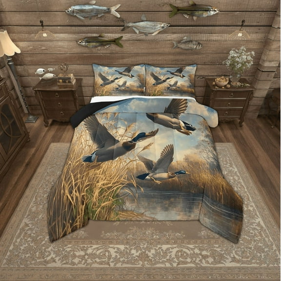Erosebridal 3D Mallard Duck Comforter Sets King Size, Flying Wildlife Comforters & Duvets, Vintage Lake House Bedding King Comforter Set Ultra Soft Bedroom Decor, 3-Piece
