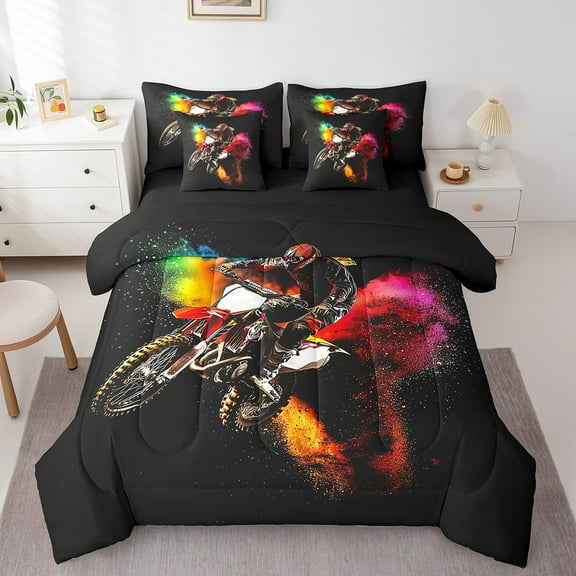 Erosebridal 3D Motorcycle Bedding Sets Twin Size, Dirt Bike Comforter Sets with Sheets, Watercolor Decor, Reversible 7-Piece