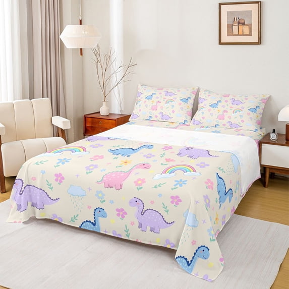 Erosebridal 3D Multicolor Dinosaur Full Size Sheets,Colorful Cute Flowers Bed Sheets For Girls,Ancient Animals Theme 4pcs