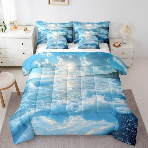 Erosebridal 3D Ocean Wave Bedding Sets King Size, Marine Sea Theme Comforter Sets with Sheets, Blue Seaside Bedroom Decor, Reversible 7 Pieces