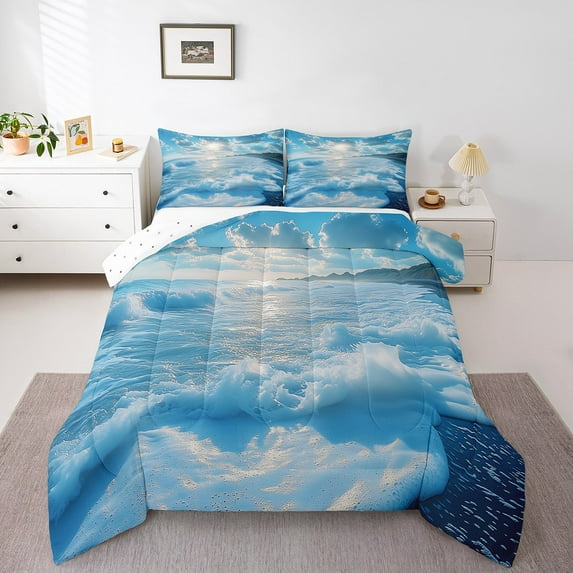 Erosebridal 3D Ocean Wave Bedding Sets Twin with Comforter, Marine Sea Theme Duvet Insert, Blue Seaside Bedroom Decor, Reversible 2 Pieces